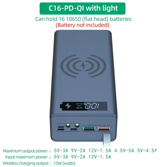 16*18650 Power Bank Case C16 USB Welding Free Power Bank Case Detachable Portable QC 3.0 PD DIY Shell Housing for Powerbank