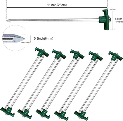 11 Inch Tent Stakes 10 Pcs Non-Rust Metal Ground Anchors, Heavy Duty Spikes with 4 Ropes for Outdoor Camping, Green