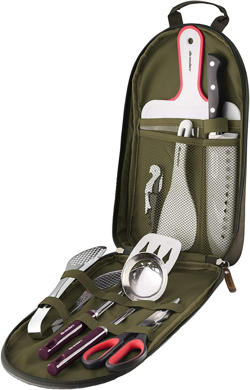 Camp Kitchen Cooking Utensil Set Travel Organizer Grill Accessories Portable Compact Gear for Backpacking BBQ Camping Hiking Travel Cookware Kit Water Resistant Case