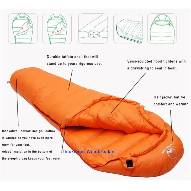 Very Warm White Goose down Filled Adult Mummy Style Sleeping Bag Fit for Winter Thermal 4 Kinds of Thickness Camping Travel