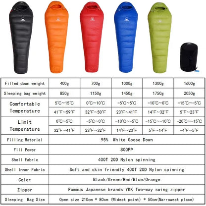 Very Warm White Goose down Filled Adult Mummy Style Sleeping Bag Fit for Winter Thermal 4 Kinds of Thickness Camping Travel