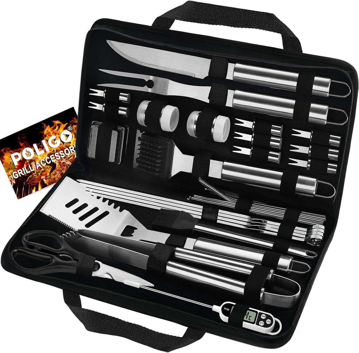 29 PCS BBQ Grill Accessories Stainless Steel BBQ Tools Grilling Tools Set with Storage Bag for Fathers Day Dads Birthday Presents - Camping Grill Utensils Set Ideal Grilling Gift for Men Silver