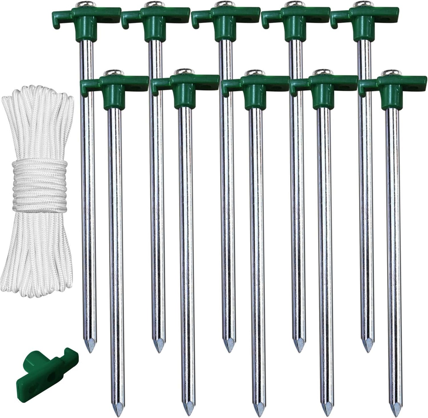 11 Inch Tent Stakes 10 Pcs Non-Rust Metal Ground Anchors, Heavy Duty Spikes with 4 Ropes for Outdoor Camping, Green