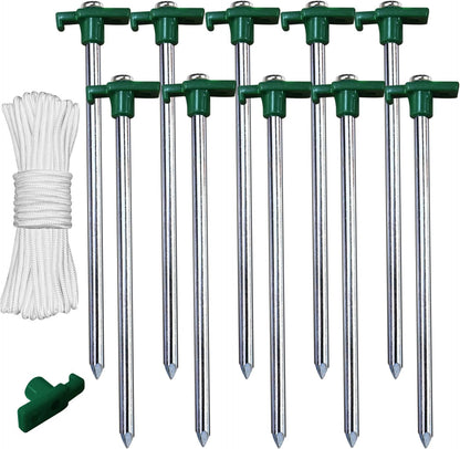11 Inch Tent Stakes 10 Pcs Non-Rust Metal Ground Anchors, Heavy Duty Spikes with 4 Ropes for Outdoor Camping, Green