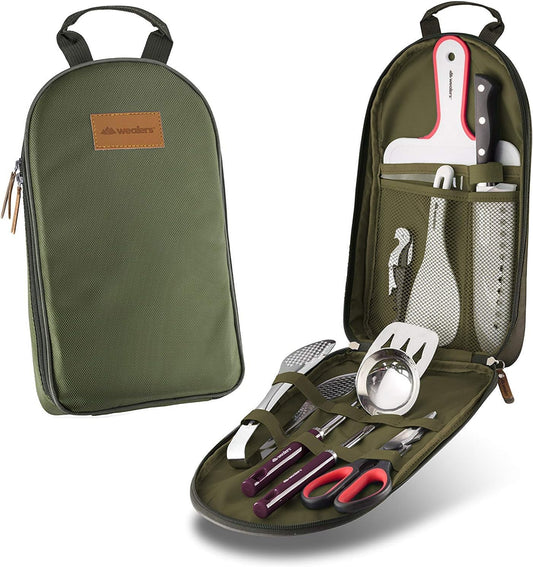 Camp Kitchen Cooking Utensil Set Travel Organizer Grill Accessories Portable Compact Gear for Backpacking BBQ Camping Hiking Travel Cookware Kit Water Resistant Case
