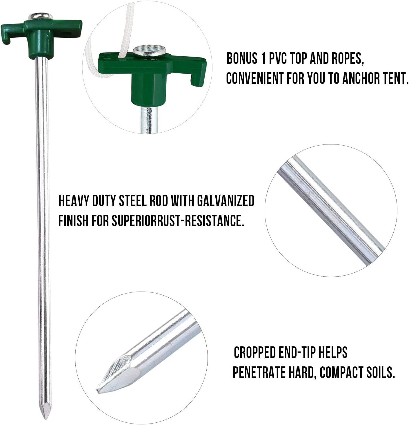 11 Inch Tent Stakes 10 Pcs Non-Rust Metal Ground Anchors, Heavy Duty Spikes with 4 Ropes for Outdoor Camping, Green